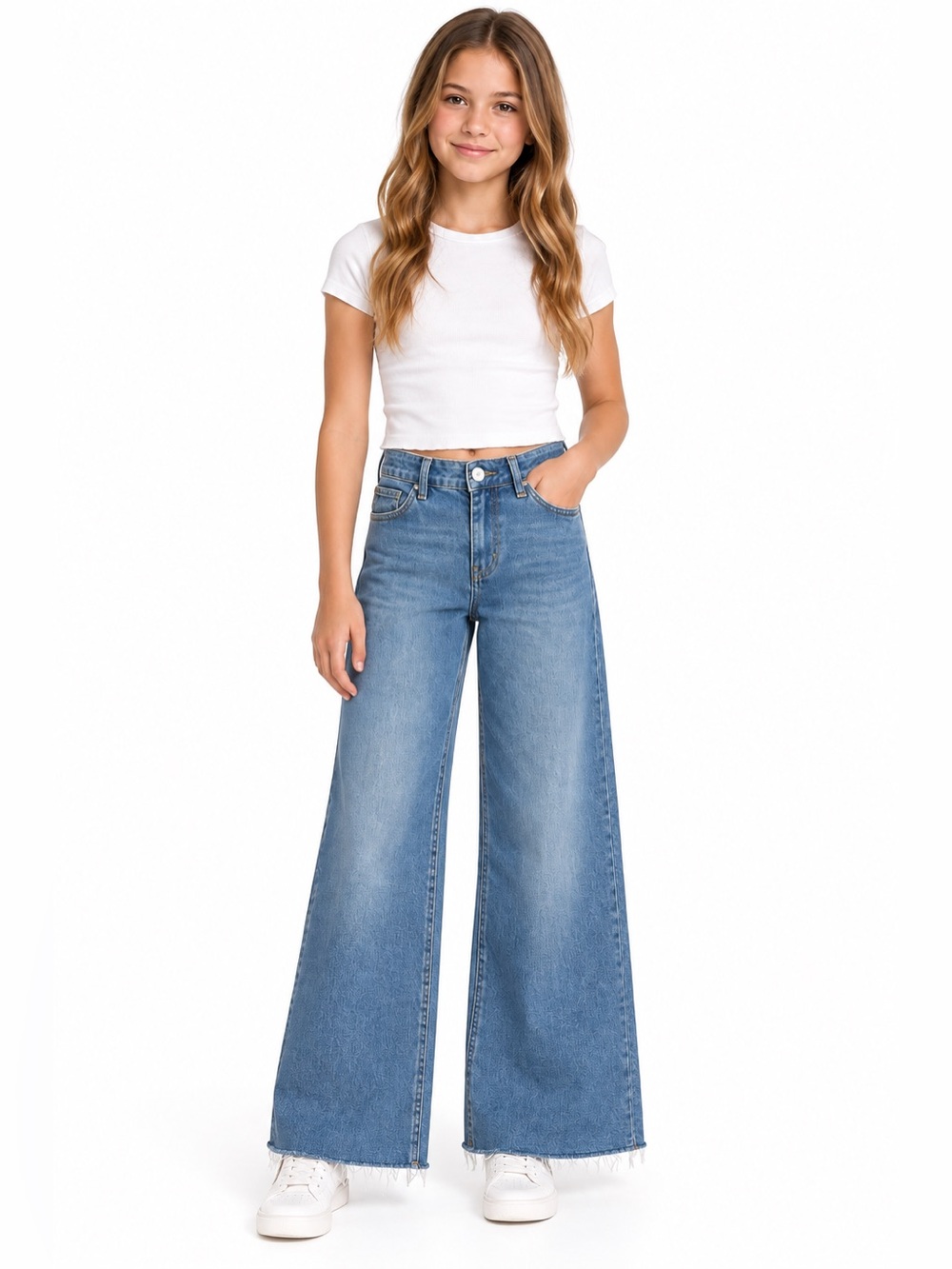 Zara Girls Jeans Size 11-12 152 Blue Wide Leg High Rise Raw Hem Denim